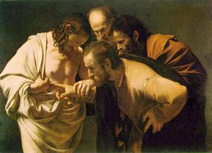 Thomas puts his finger in the wound of the resurrected Jesus.